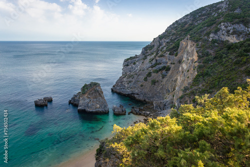 Aerial view of Ribeira do Cavalo beach in Arrabida Natural Park near Sesimbra town in Portugal