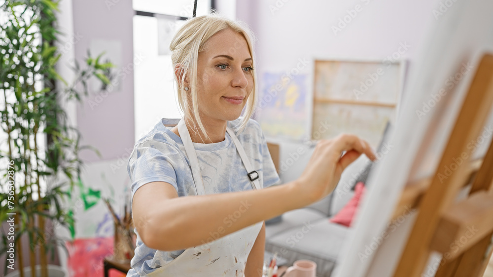 Happy young blonde woman artist, confident and smiling, enjoying her art lesson indoors at university art studio, while drawing beautiful canvas with paintbrushes Happy young blonde woman artist, confident and smiling, enjoying her art lesson indoors at university art studio, while drawing beautiful canvas with paintbrushes