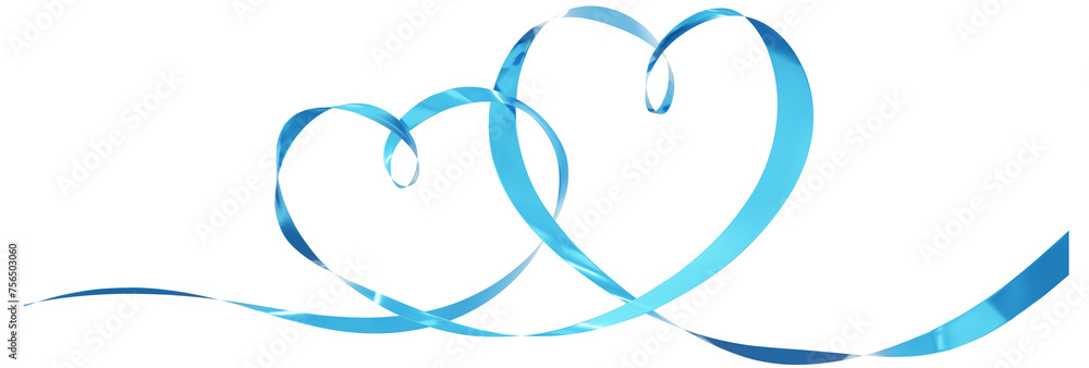 Blue ribbons 2 hearts isolated on background. Continuous ribbon line art drawing. Element for Valentine's day, mother's day wedding and print. 3D png illustration. Blue ribbons 2 hearts isolated on background. Continuous ribbon line art drawing. Element for Valentine's day, mother's day wedding and print. 3D png illustration.