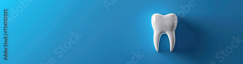 Single white healthy tooth on the blue background. Dental health care concept.