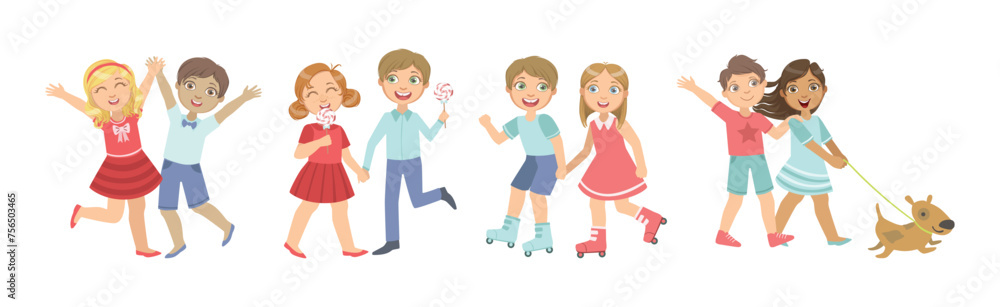 Happy Kid Couple Character in Love Feel Passion Vector Set Happy Kid Couple Character in Love Feel Passion Vector Set
