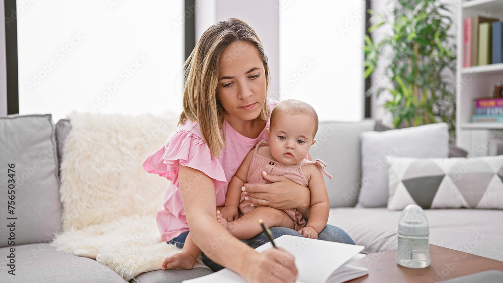 Mother and daughter lovingly studying together, sitting on the living room sofa at home, taking serious notes in a relaxed atmosphere Mother and daughter lovingly studying together, sitting on the living room sofa at home, taking serious notes in a relaxed atmosphere