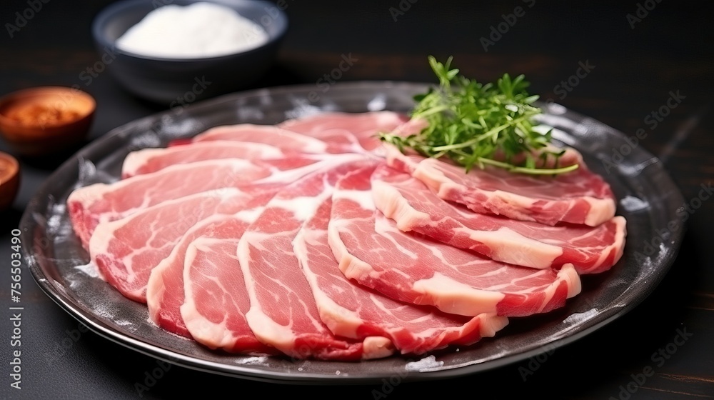 Raw kurobuta pork slices on plates, for Yakiniku ,Shabu ,Teppanyaki , japanese food.


