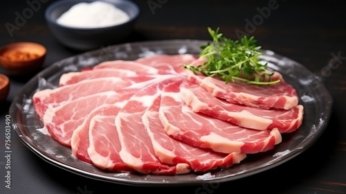 Raw kurobuta pork slices on plates, for Yakiniku ,Shabu ,Teppanyaki , japanese food.


