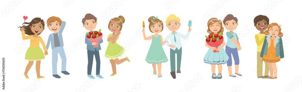Happy Kid Couple Character in Love Feel Passion Vector Set Happy Kid Couple Character in Love Feel Passion Vector Set
