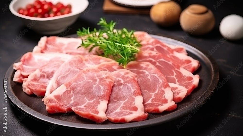 Raw kurobuta pork slices on plates, for Yakiniku ,Shabu ,Teppanyaki , japanese food.
Raw kurobuta pork slices on plates, for Yakiniku ,Shabu ,Teppanyaki , japanese food.