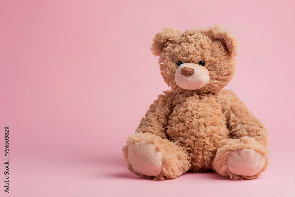 fluffy teddy bear, isolated on a soft pink background, symbolizing comfort and childhood memories