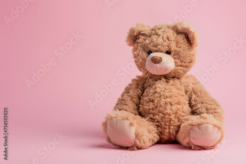 fluffy teddy bear, isolated on a soft pink background, symbolizing comfort and childhood memories © STUDIO COLORS