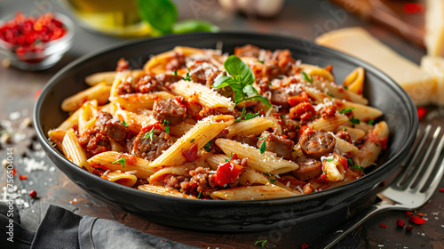 Penne pasta with meatballs in tomato sauce