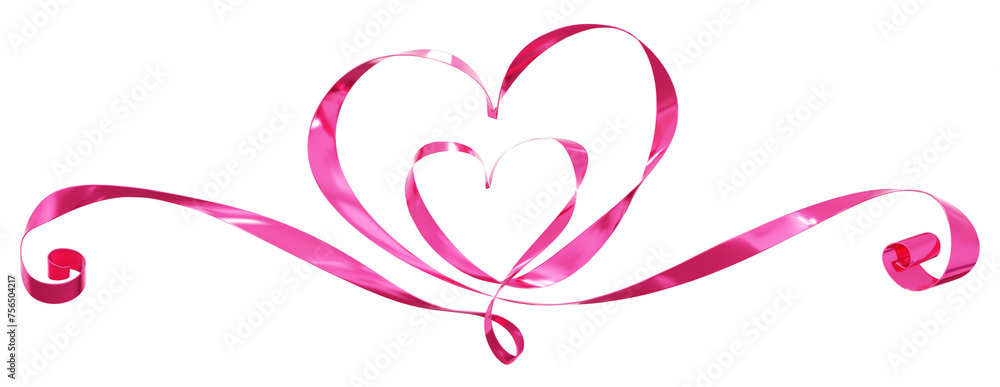 Pink ribbons heart isolated on background. Continuous ribbon line art drawing. Element for Valentine's day, mother's day wedding and print. 3D png illustration.