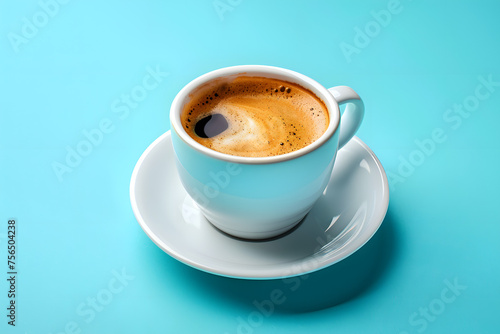freshly brewed espresso in a classic cup, isolated on a vibrant blue background, symbolizing energy and mornings 
