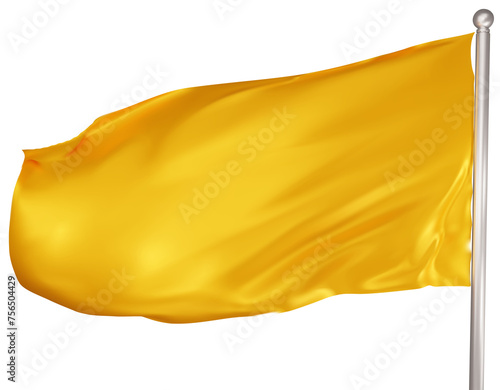 Blank yellow flag on white background. A yellow flag waving in the wind on the flagpole. Yellow flag template. 3d png illustration.