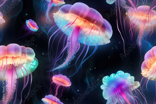 Explore the depths of imagination with this jellyfish seamless pattern, illuminated by neon glow and dreamy rim lighting. AI generative © tope007