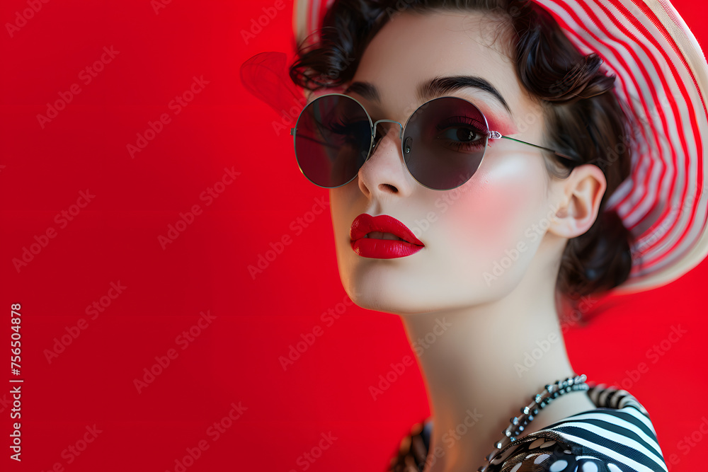 Fototapeta premium Retro fashion model with vintage accessories, nostalgia red background, evoking timeless elegance and classic beauty