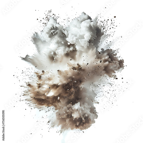 special effect explosion of gunpowder, puffs of smoke and fragments of earth on a white background