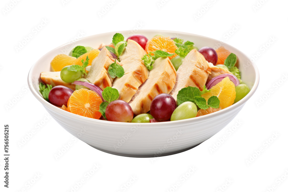 Chicken breast salad, colorful salad vegetables Topped with honey-lemon salad dressing, placed in a natural-looking wooden bowl. Focus on freshness Isolated on transparent background.