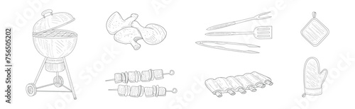 Barbecue Grill Food for Outdoor Picnic Linear Vector Set