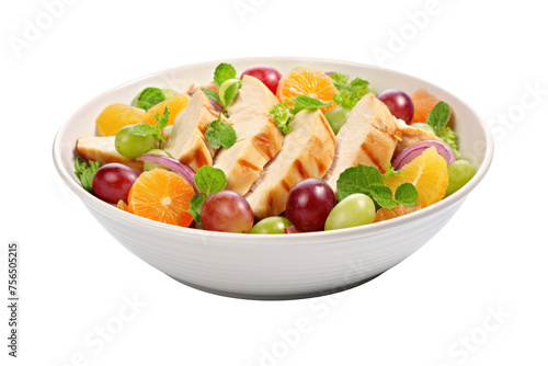 Chicken breast salad, colorful salad vegetables Topped with honey-lemon salad dressing, placed in a natural-looking wooden bowl. Focus on freshness Isolated on transparent background.