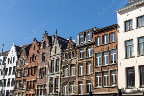 Antwerp, Belgium. 15 April 2023. Brick facades of Antwerp, old historical buildings in the centre of the city.
