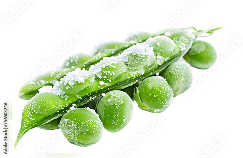 Frosty green pea pod with snowflakes. Frozen green peas isolated on transparent background. Food design element for ads, wed site. Green pea pod dusted with snow and ice flakes, no background