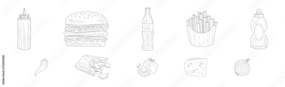 Fast Food Linear Product and Snack Vector Set