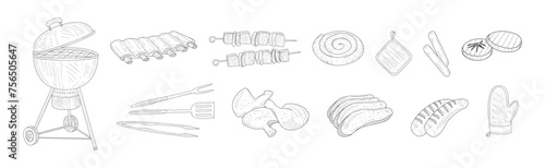 Barbecue Grill Food for Outdoor Picnic Linear Vector Set