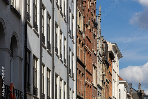 Antwerp, Belgium. 15 April 2023. Brick facades of Antwerp, old historical buildings in the centre of the city.