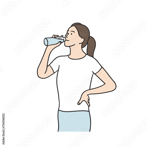 Illustration of a woman drinking water to quench her thirst. Hand drawing style illustration.
