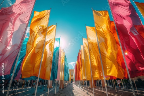 Bright, colorful flags lined up under the sunlit sky evoke a feeling of pride and celebration in an outdoor urban setting