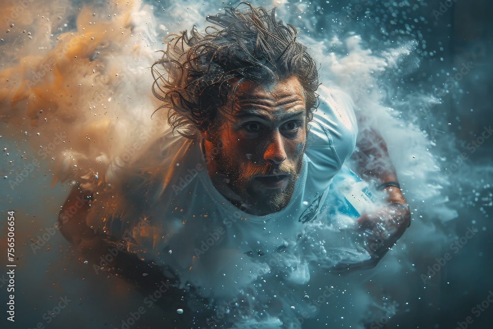 A dramatic scene featuring an individual submerged in water surrounded by visually striking fiery orange and blue effects - obrazy, fototapety, plakaty 