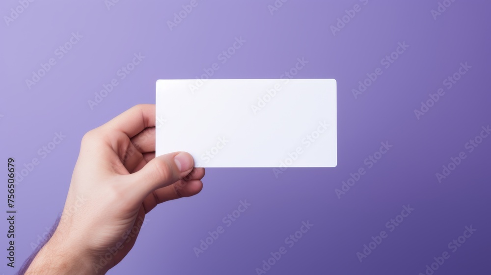 Fototapeta premium Human hand holding a blank sheet of white paper or card isolated on purple background.
