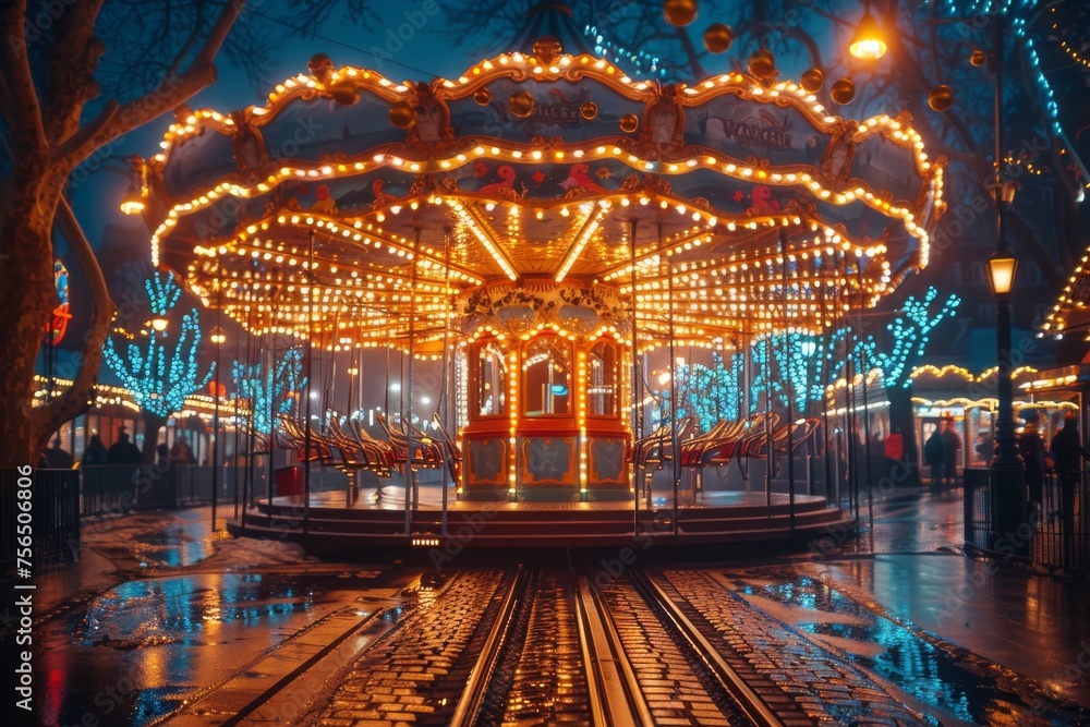 Enchanting view of an empty carousel illuminated with sparkling lights in a festive wintery night atmosphere