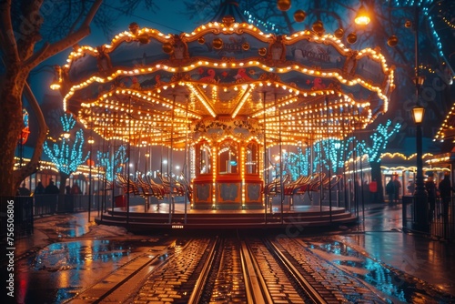 Enchanting view of an empty carousel illuminated with sparkling lights in a festive wintery night atmosphere