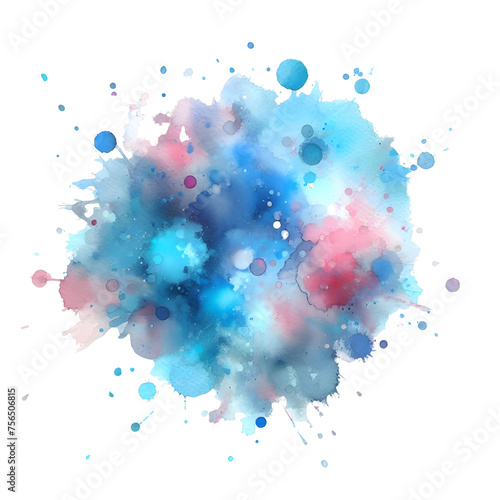 Abstract, colorful, art, watercolor painting, Beautiful blue spot appears on a white background, Light cyan and pink paints spreads on paper forming a blot.