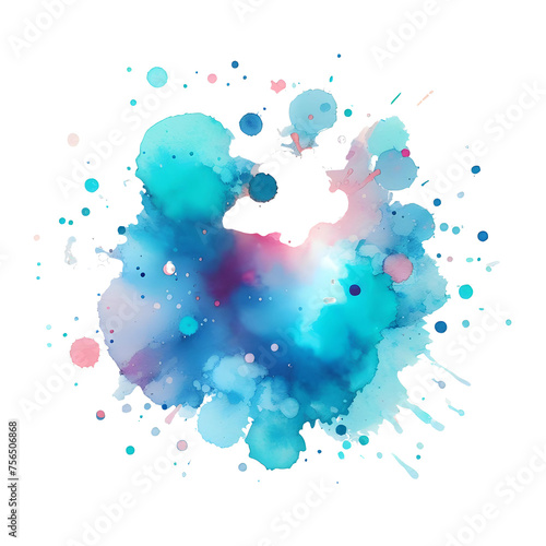 Abstract, colorful, art, watercolor painting, Beautiful blue spot appears on a white background, Light cyan and pink paints spreads on paper forming a blot.