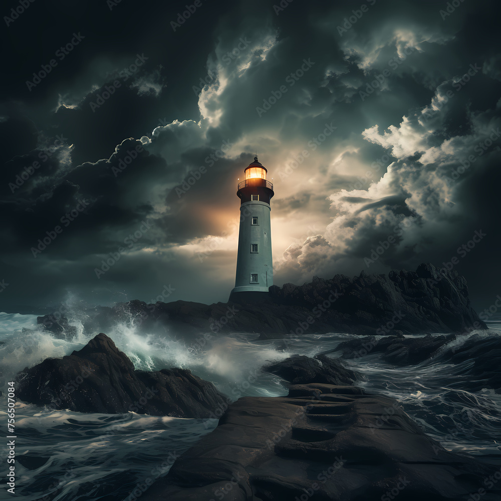 An isolated lighthouse against a stormy sky. 