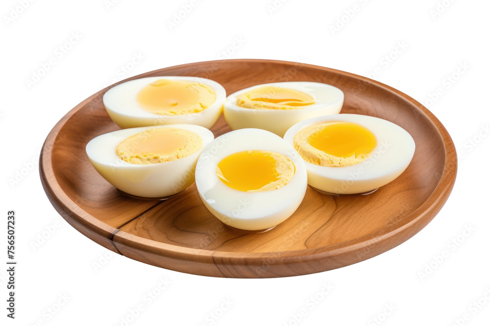 Boiled eggs, soft-boiled eggs, smooth egg whites, runny yolks, served on a wooden plate,Isolated on transparent background. Boiled eggs, soft-boiled eggs, smooth egg whites, runny yolks, served on a wooden plate,Isolated on transparent background.