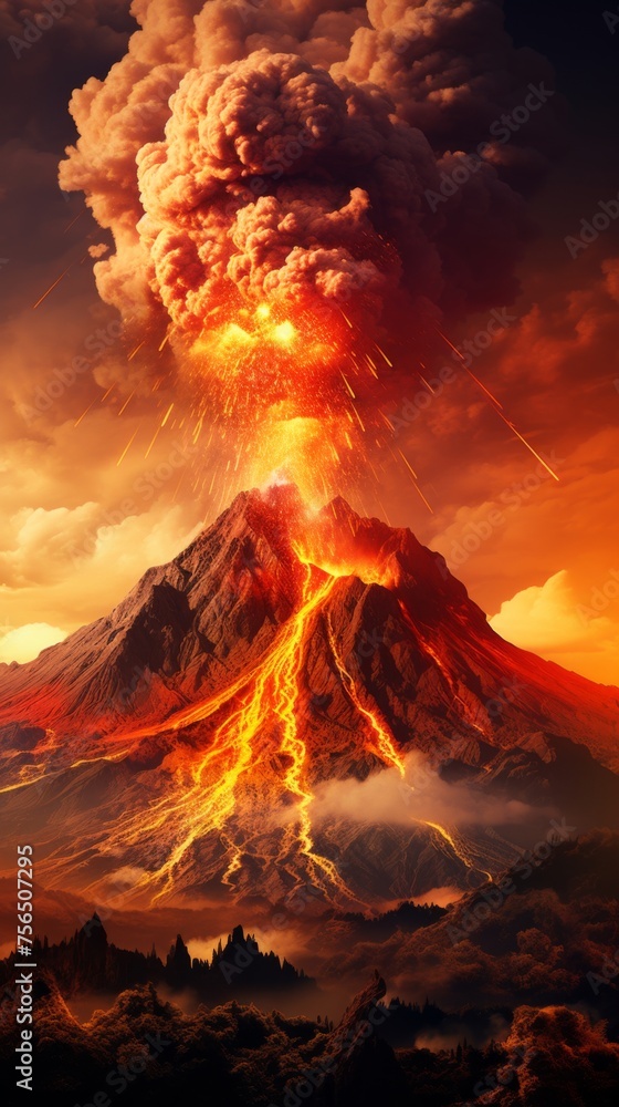 eruption of a volcano with smoke. lava running down the mountain. vertical orientation