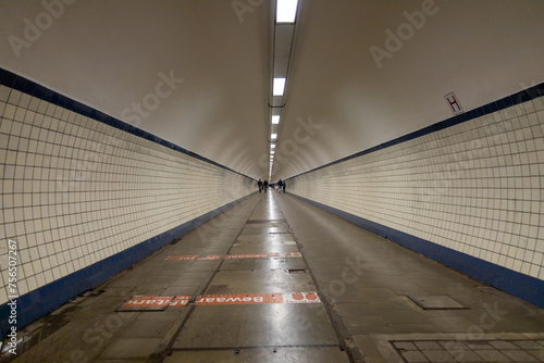 Antwerp, Belgium. 15 April 2023. Sint Annatunnel is a pedestrian and bicycle tunnel under the river Schelde with wooden escalators, this is a 572 meter long tunnel. photo