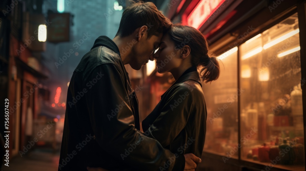 man and woman kiss on the street. couple passionately embraces on a bustling urban street