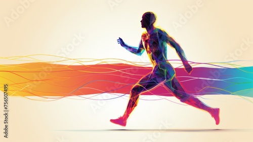 Colored abstract image of a man running. Runner runs across a white background with colorful line.