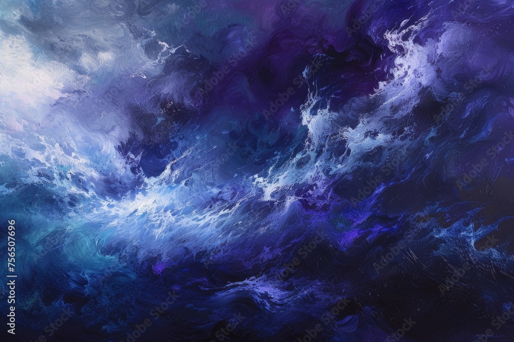 A dynamic and abstract representation of a thunderstorm, with dark blues, purples, and flashes of silver.
