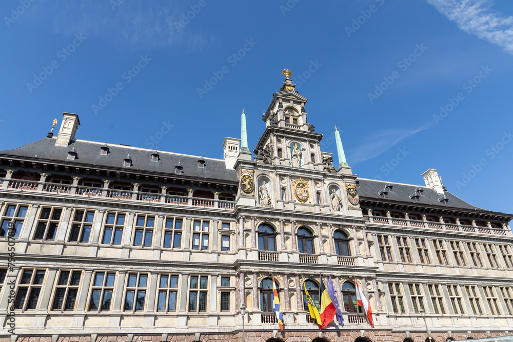 Fototapeta premium Antwerp, Belgium. 15 April 2023. The City Hall of Antwerp. Erected between 1561 and 1565, this Renaissance building incorporates both Flemish and Italian influences.