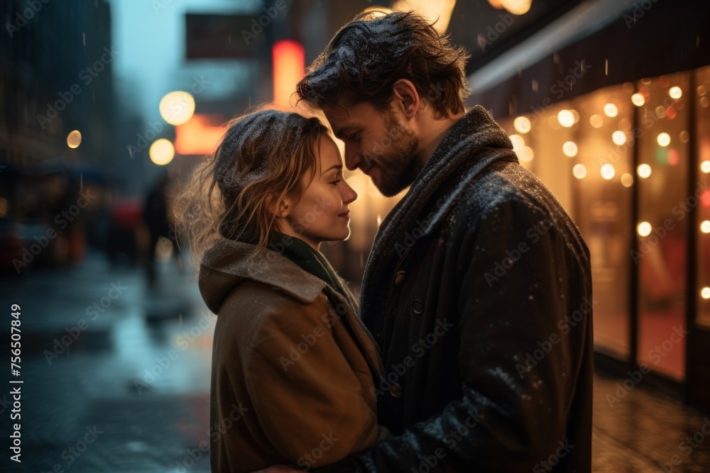 Two lovers are standing together on the street. Couple in Love on a Romantic Date through the Street Two lovers are standing together on the street. Couple in Love on a Romantic Date through the Street