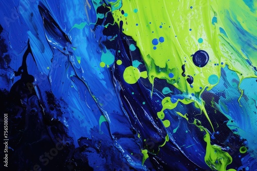 A dynamic clash of electric blue and neon green paint, creating an energetic and futuristic abstract composition.