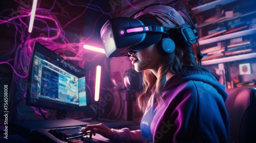 Woman on the computer using virtual reality headset. Young woman wearing VR goggles using PC
