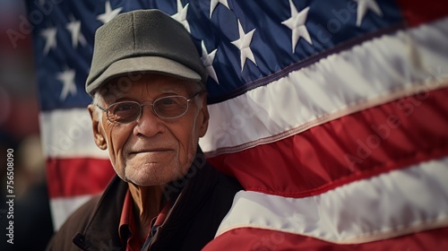 Senior man proudly gazing at american flag showing emotions independence day usa july 4