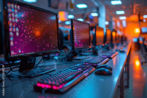 High contrast image of a gaming room with glowing RGB keyboards and vivid computer screens lit in blues and pinks