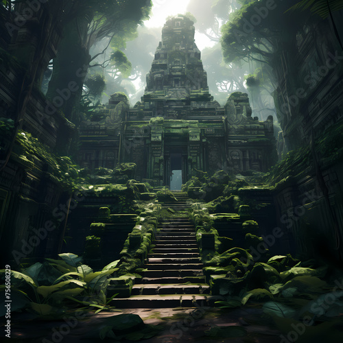Ancient temple in a dense jungle.