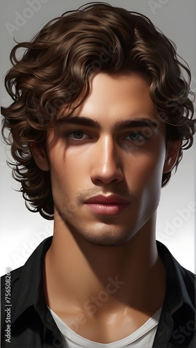 A handsome young man model with long curly brown hair wearing a black shirt. Illustration. Generative AI